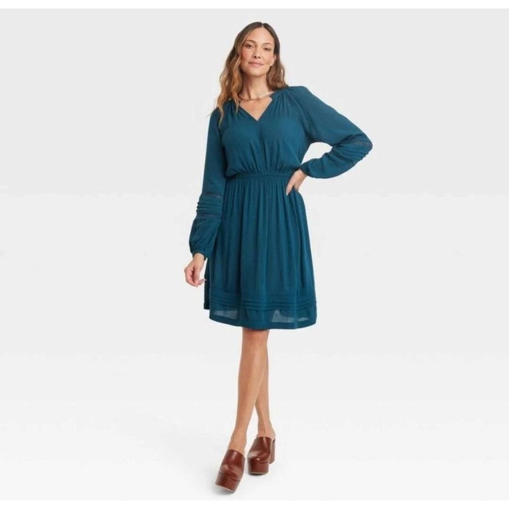 Knox Rose Teal Long Sleeve V-Neck Dress XXL Gauzy Cottagecore Boho Flowy